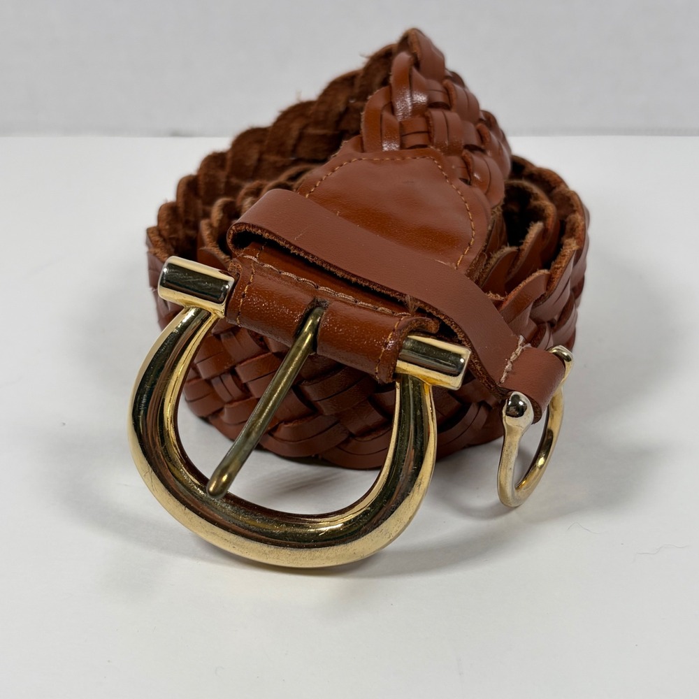 Womens Braided Leather Belt L Brown Gold Horseshoe Buckle Woven Vtg